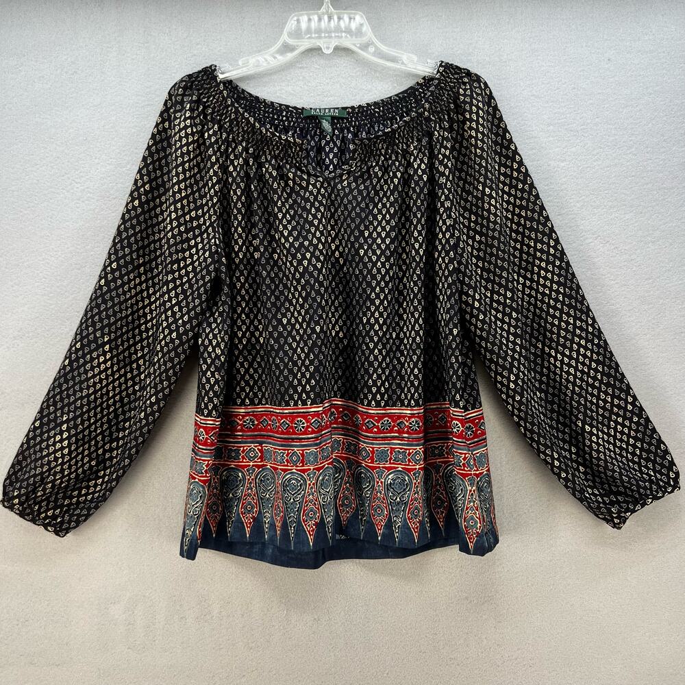 Lauren Ralph Lauren Top Women's Size L Blue And Red Tunic Long Sleeve Boho - Picture 1 of 9